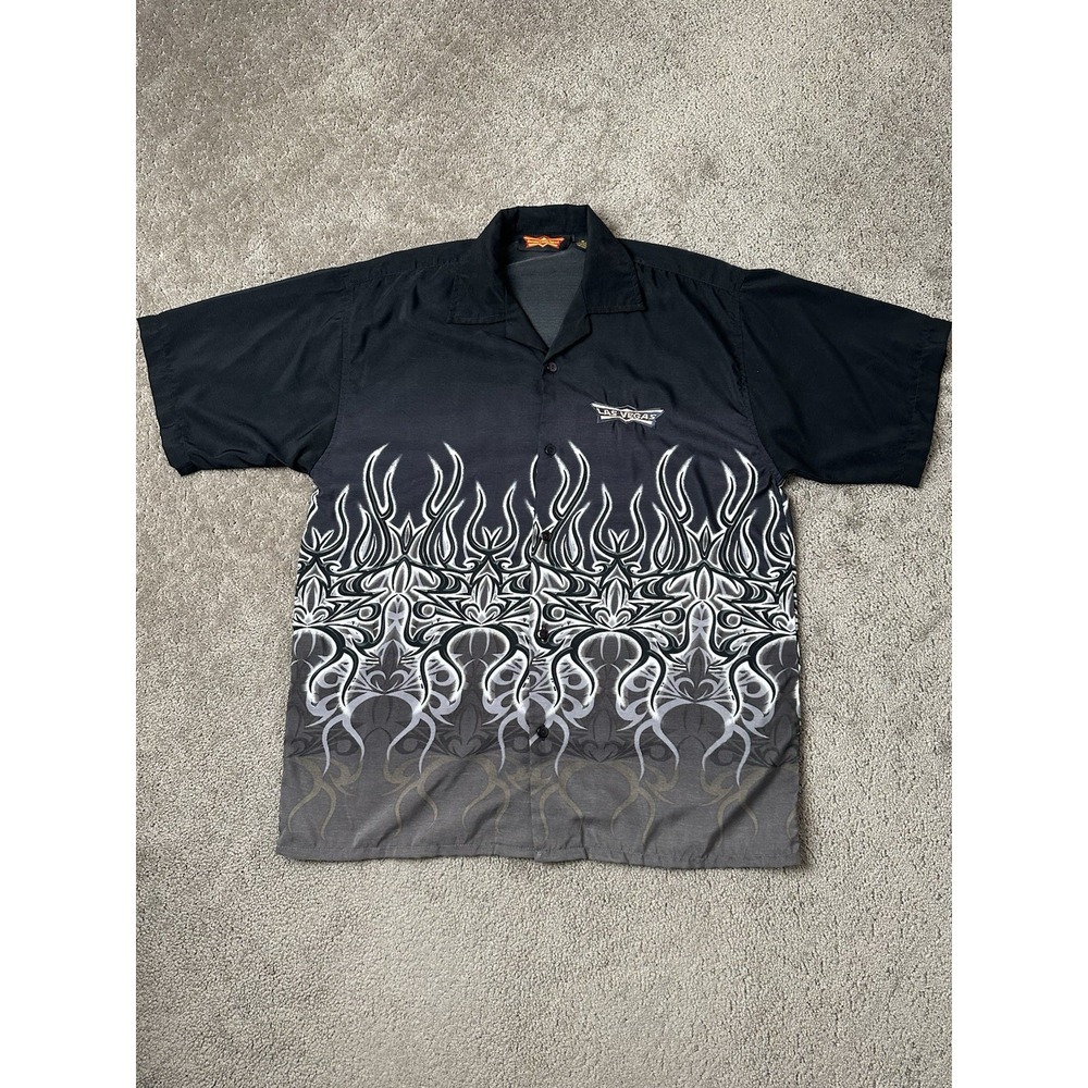Vintage Mens Tshirt Button Up Crazy Y2K Las Vegas Fire Streetwear Goth, Size M